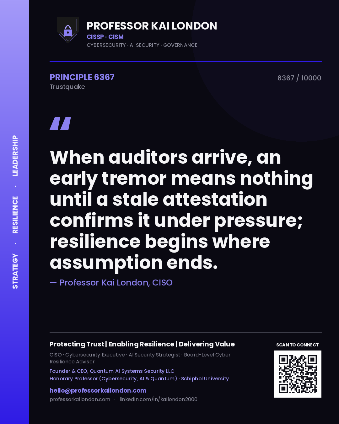 Quote card by Professor Kai London reading 'When auditors arrive, an early tremor means nothing until a stale attestation confirms it under pressure; resilience begins where assumption ends.'. From the book Trustquake.