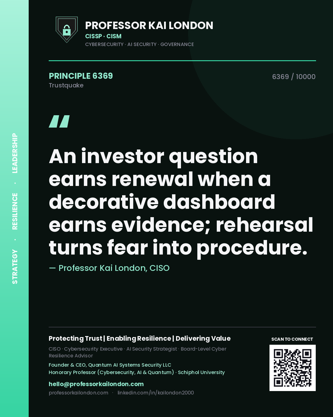 Professor Kai London principle 6369: An investor question earns renewal when a decorative dashboard earns evidence; rehearsal turns fear into procedure.