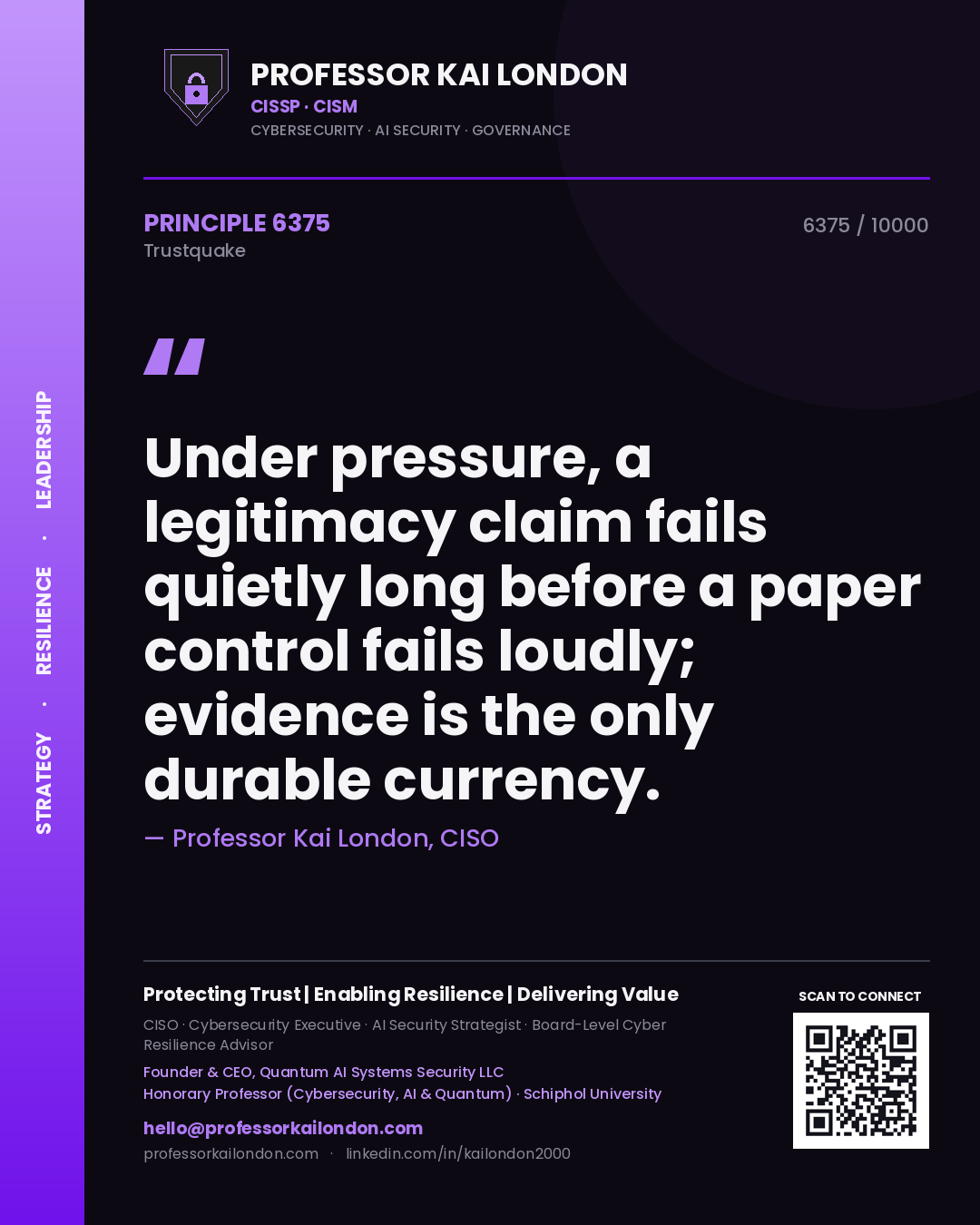 Professor Kai London principle 6375: Under pressure, a legitimacy claim fails quietly long before a paper control fails loudly; evidence is the only durable currency.