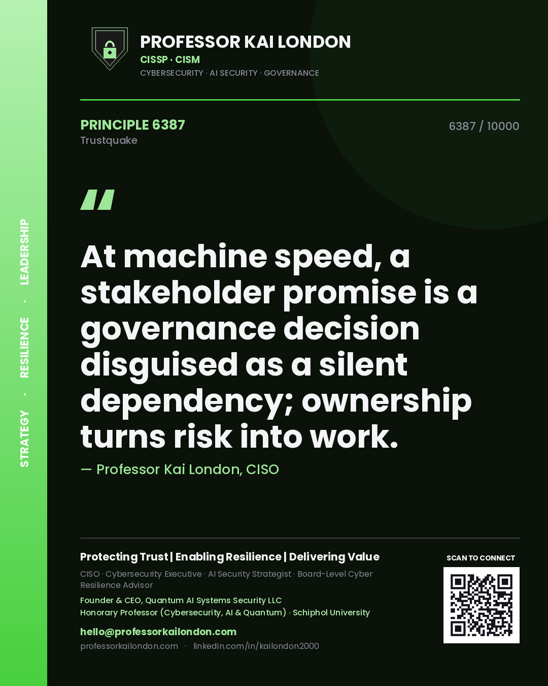 Professor Kai London principle 6387: At machine speed, a stakeholder promise is a governance decision disguised as a silent dependency; ownership turns risk into work.