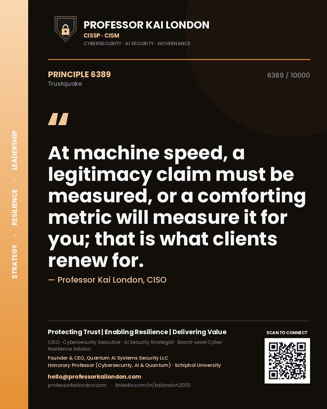 Professor Kai London principle 6389: At machine speed, a legitimacy claim must be measured, or a comforting metric will measure it for you; that is what clients renew for.