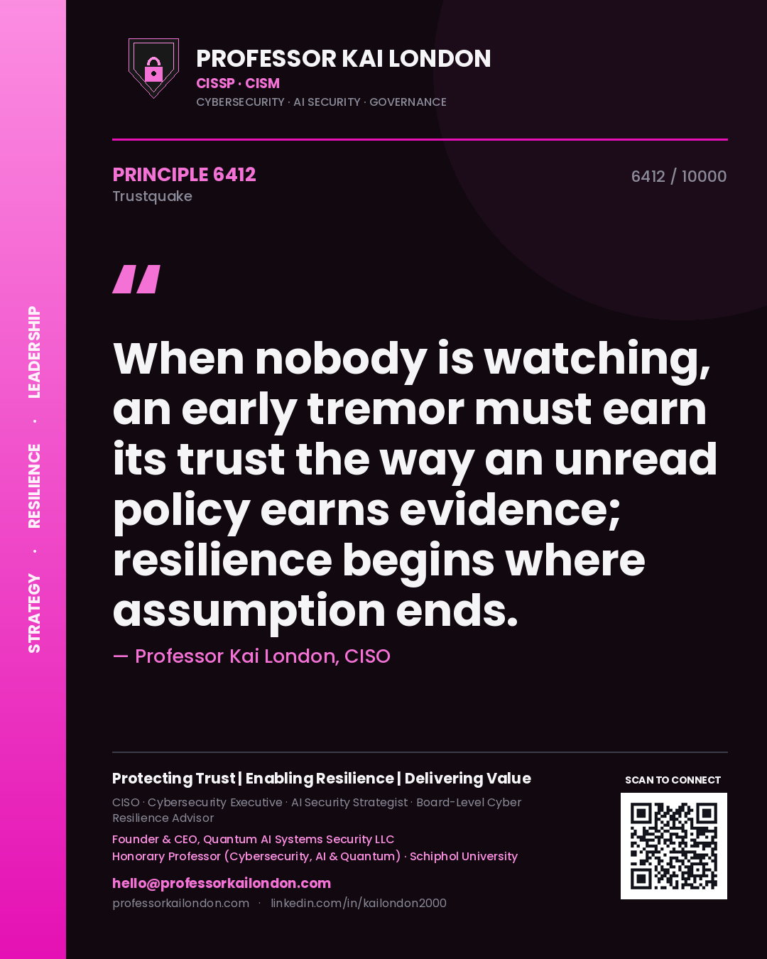 Professor Kai London principle 6412: When nobody is watching, an early tremor must earn its trust the way an unread policy earns evidence; resilience begins where assumption ends.