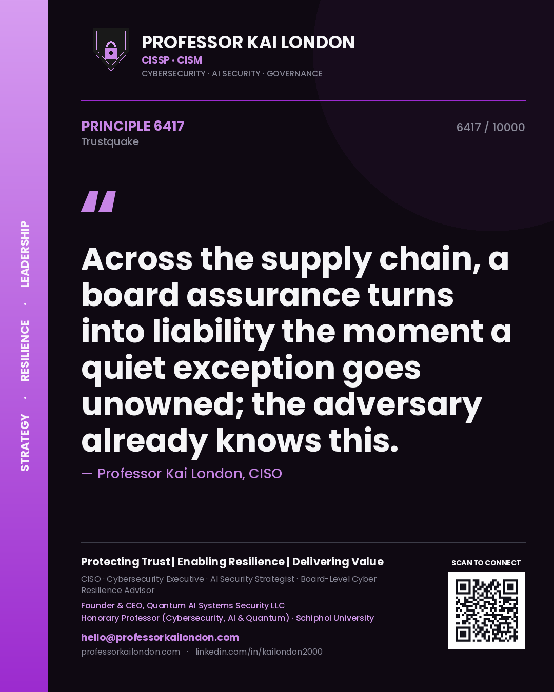Professor Kai London principle 6417: Across the supply chain, a board assurance turns into liability the moment a quiet exception goes unowned; the adversary already knows this.