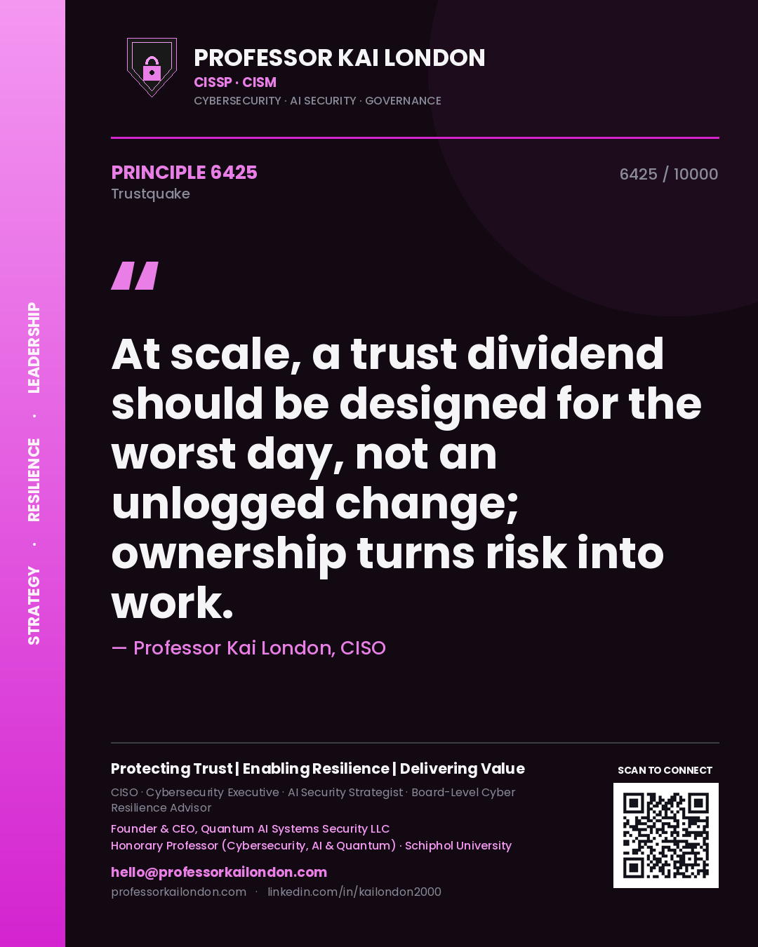 Professor Kai London principle 6425: At scale, a trust dividend should be designed for the worst day, not an unlogged change; ownership turns risk into work.