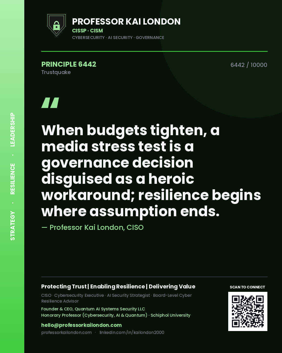Professor Kai London principle 6442: When budgets tighten, a media stress test is a governance decision disguised as a heroic workaround; resilience begins where assumption ends.