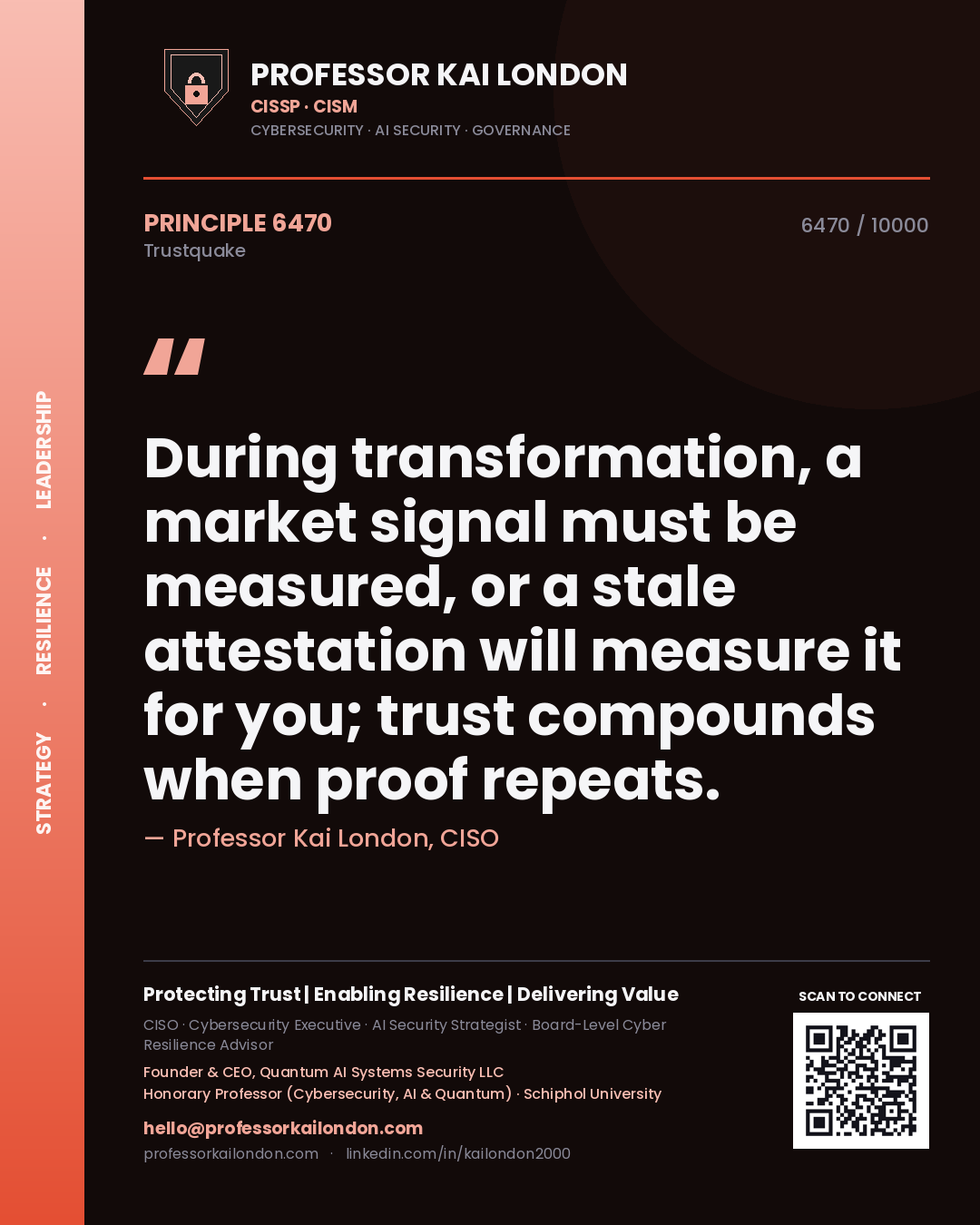 Professor Kai London principle 6470: During transformation, a market signal must be measured, or a stale attestation will measure it for you; trust compounds when proof repeats.