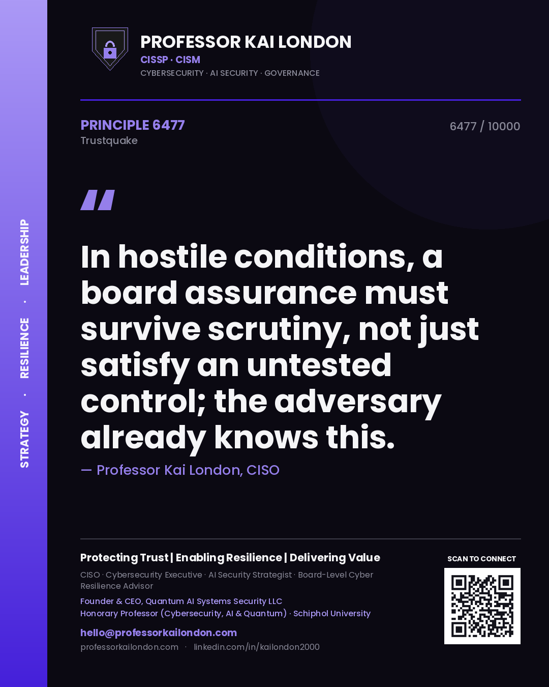 Quote card by Professor Kai London reading 'In hostile conditions, a board assurance must survive scrutiny, not just satisfy an untested control; the adversary already knows this.'. From the book Trustquake.