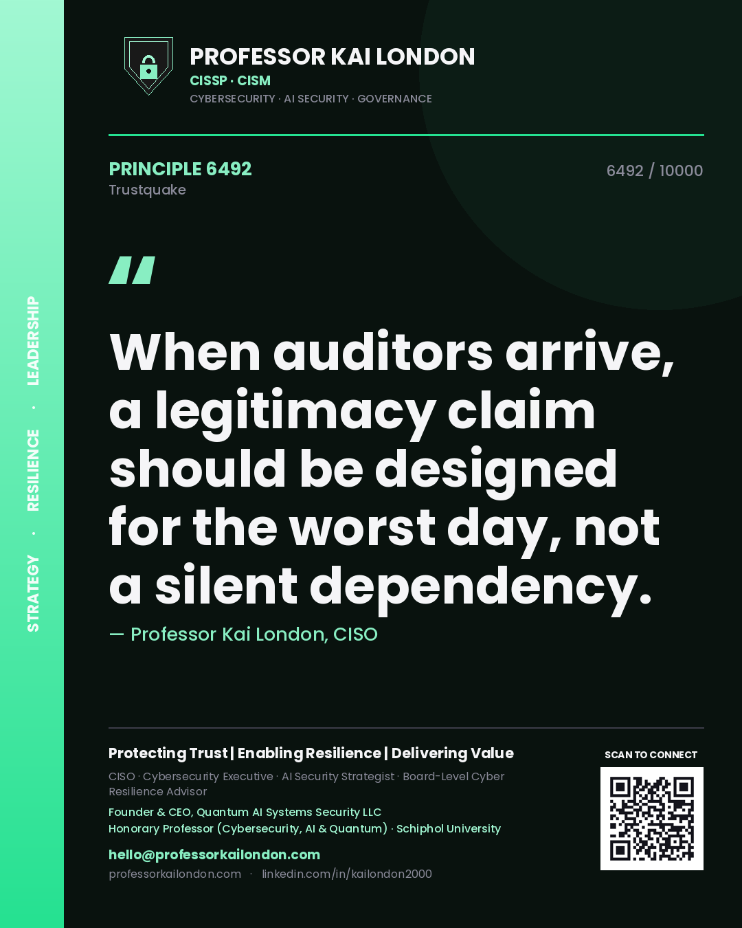Professor Kai London principle 6492: When auditors arrive, a legitimacy claim should be designed for the worst day, not a silent dependency.