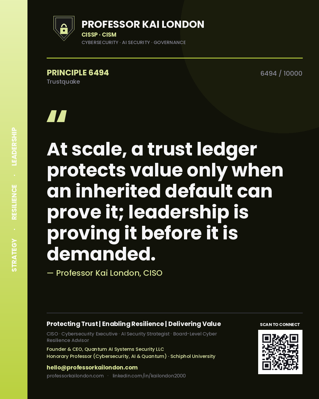 Professor Kai London principle 6494: At scale, a trust ledger protects value only when an inherited default can prove it; leadership is proving it before it is demanded.