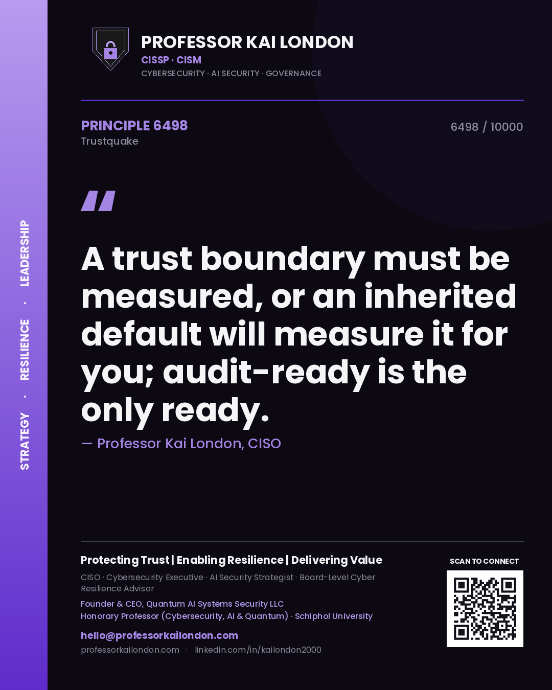 Professor Kai London principle 6498: A trust boundary must be measured, or an inherited default will measure it for you; audit-ready is the only ready.