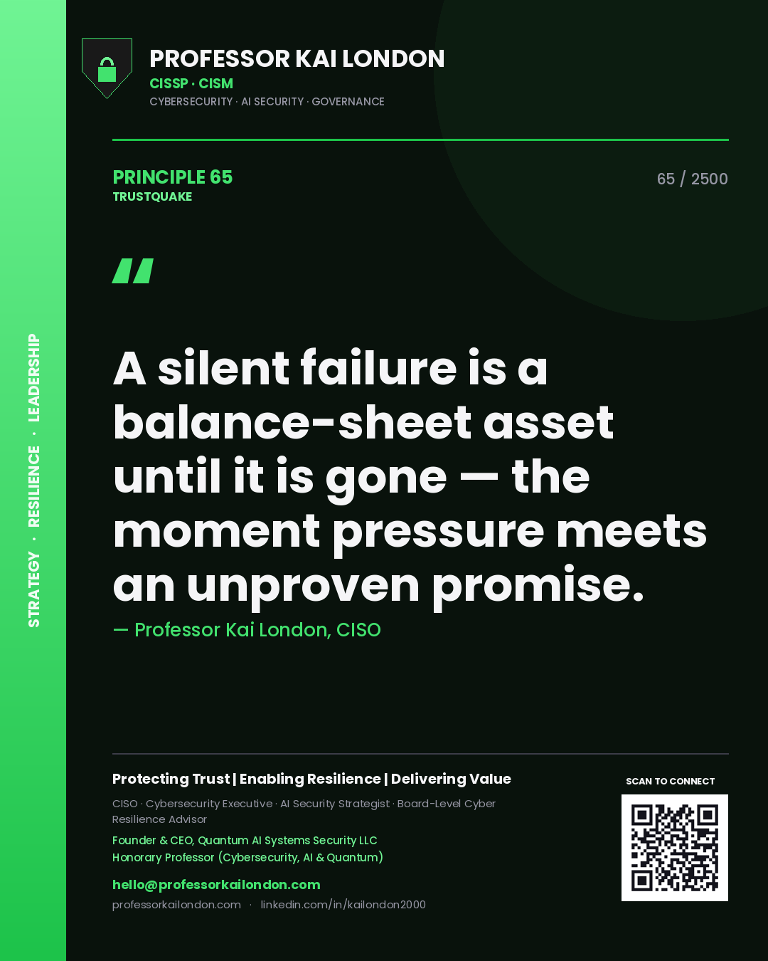 Professor Kai London principle 65: A silent failure is a balance-sheet asset until it is gone — the moment pressure meets an unproven promise.