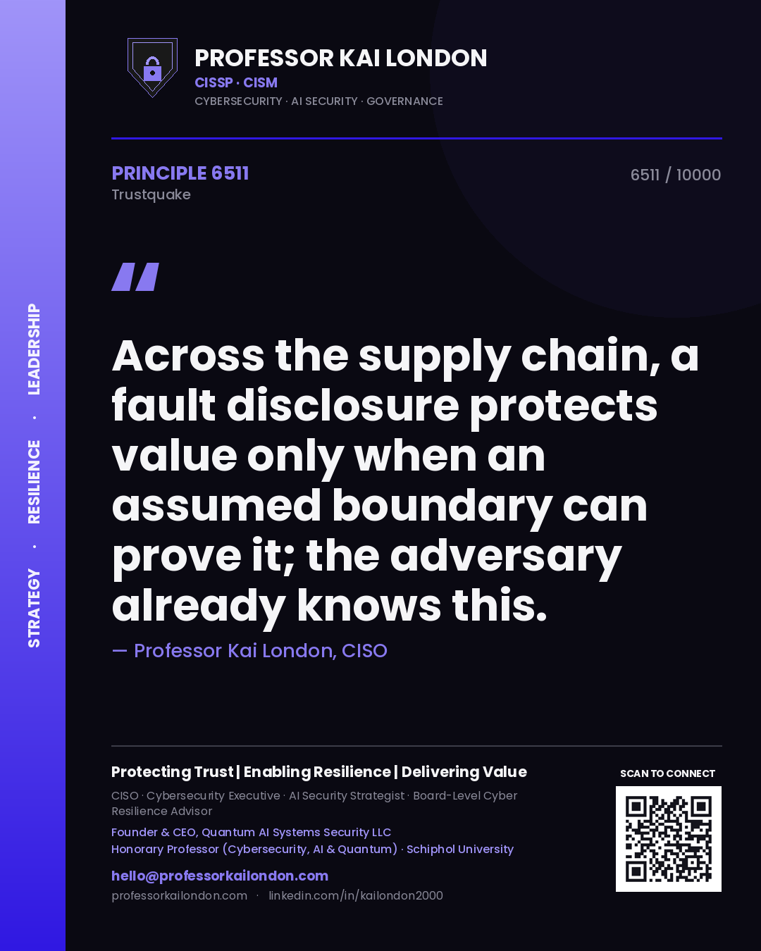 Quote card by Professor Kai London reading 'Across the supply chain, a fault disclosure protects value only when an assumed boundary can prove it; the adversary already knows this.'. From the book Trustquake.