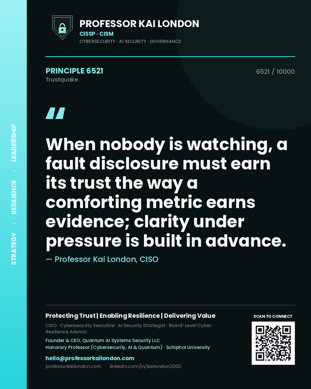 Quote card by Professor Kai London reading 'When nobody is watching, a fault disclosure must earn its trust the way a comforting metric earns evidence; clarity under pressure is built in advance.'. From the book Trustquake.