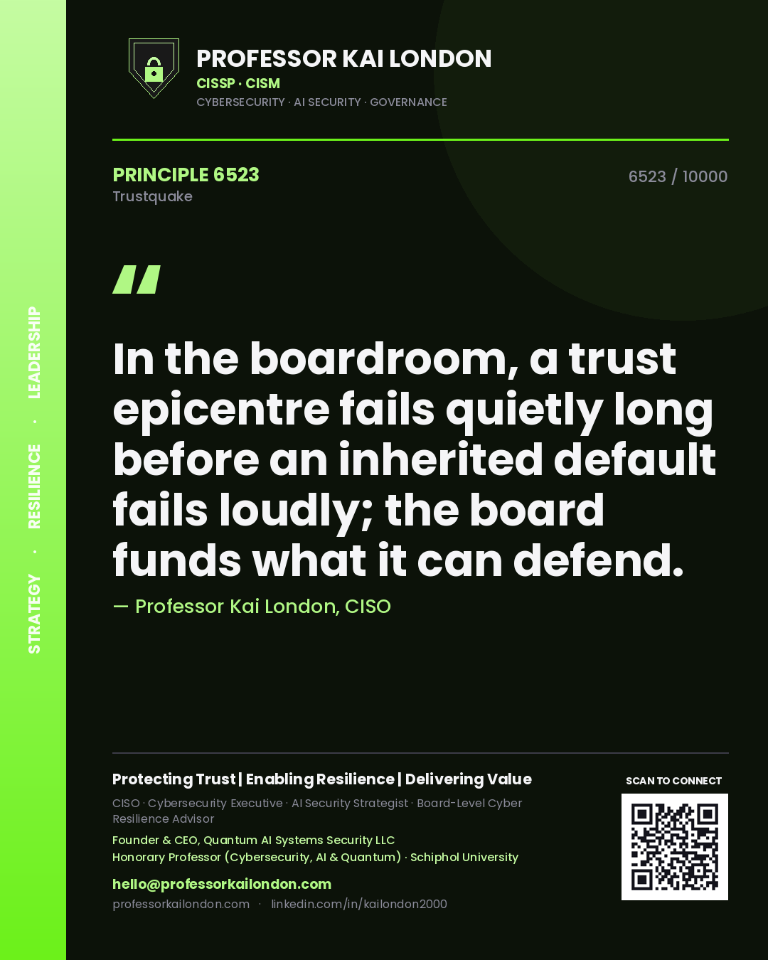 Quote card by Professor Kai London reading 'In the boardroom, a trust epicentre fails quietly long before an inherited default fails loudly; the board funds what it can defend.'. From the book Trustquake.