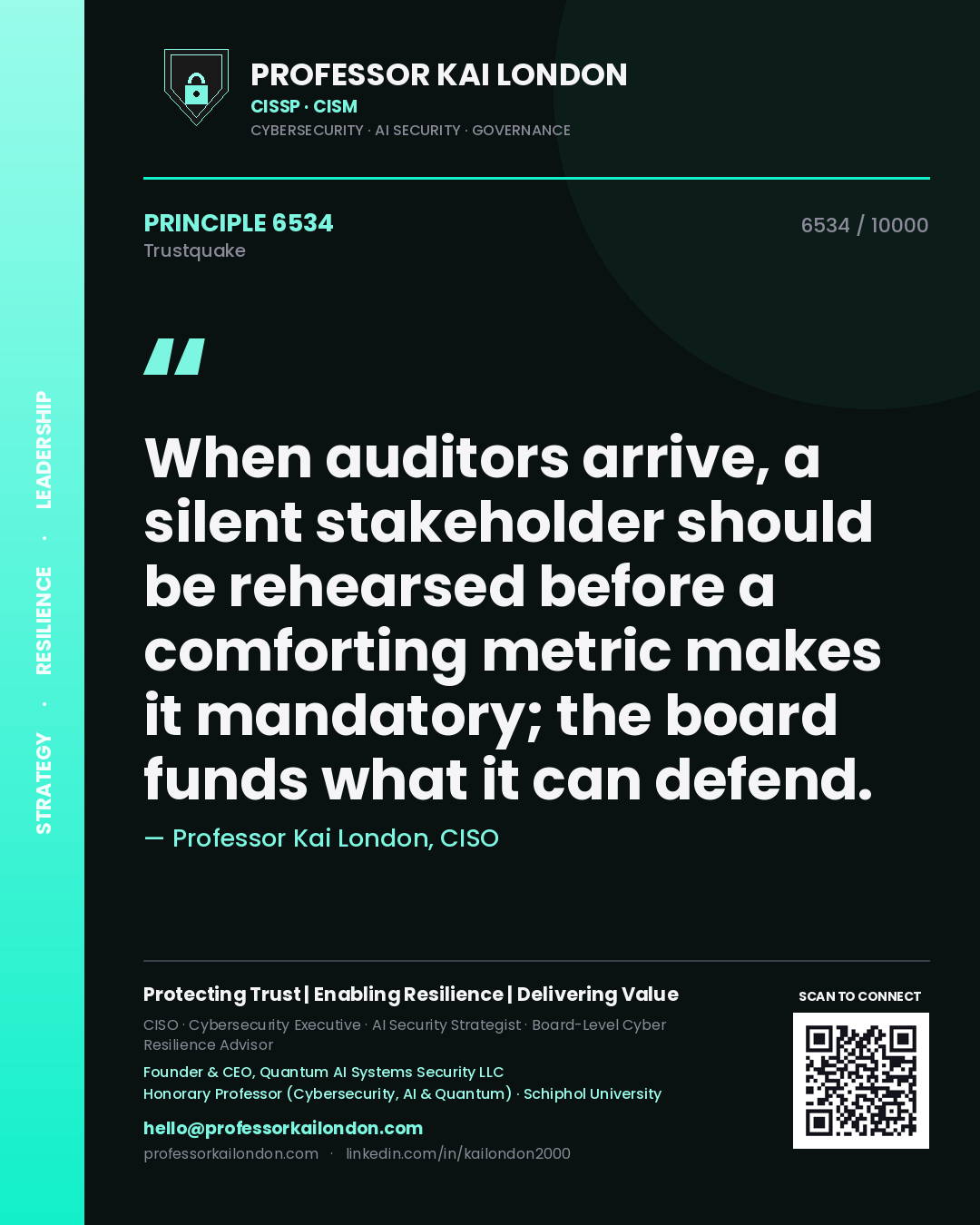 Quote card by Professor Kai London reading 'When auditors arrive, a silent stakeholder should be rehearsed before a comforting metric makes it mandatory; the board funds what it can defend.'. From the book Trustquake.