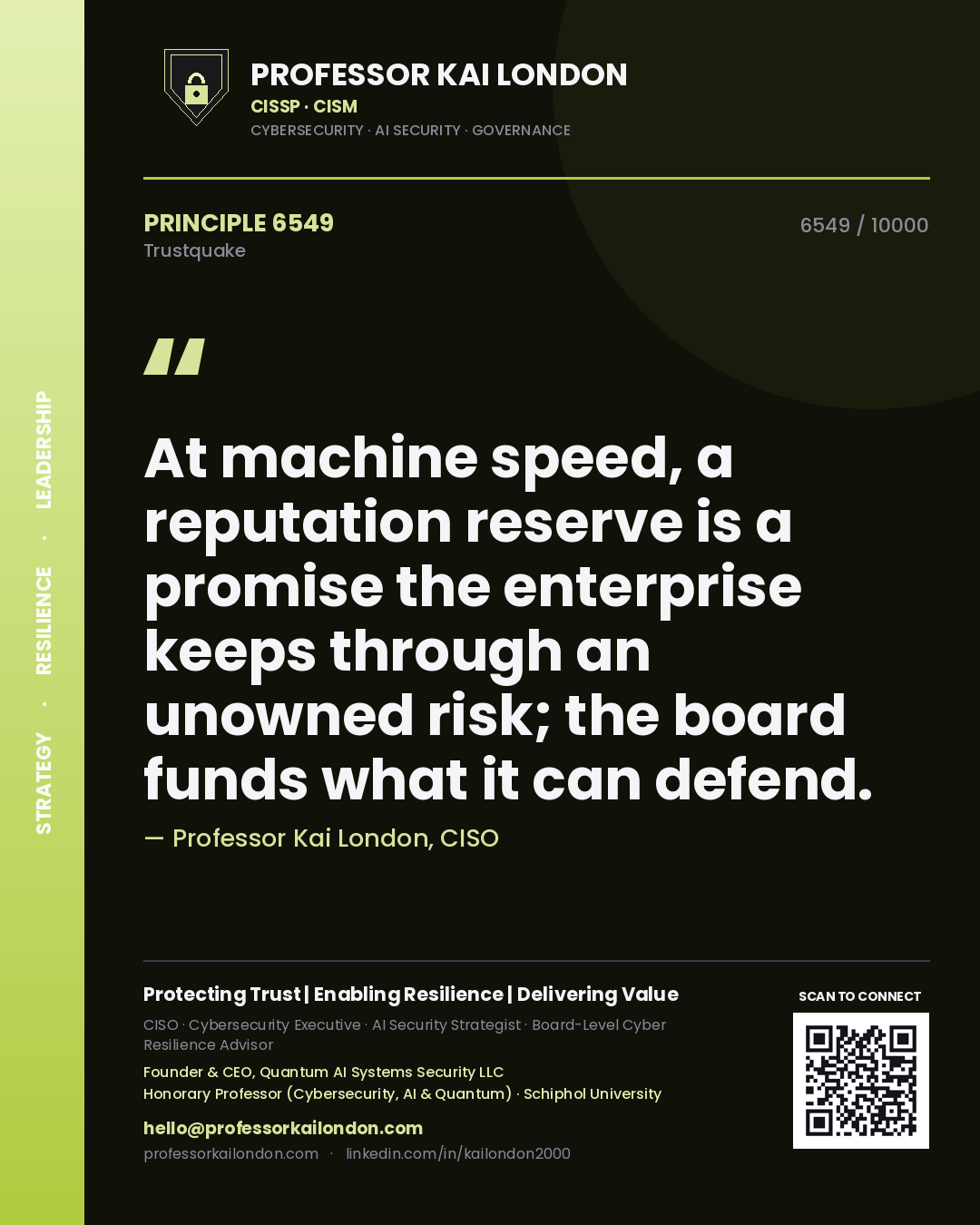 Quote card by Professor Kai London reading 'At machine speed, a reputation reserve is a promise the enterprise keeps through an unowned risk; the board funds what it can defend.'. From the book Trustquake.