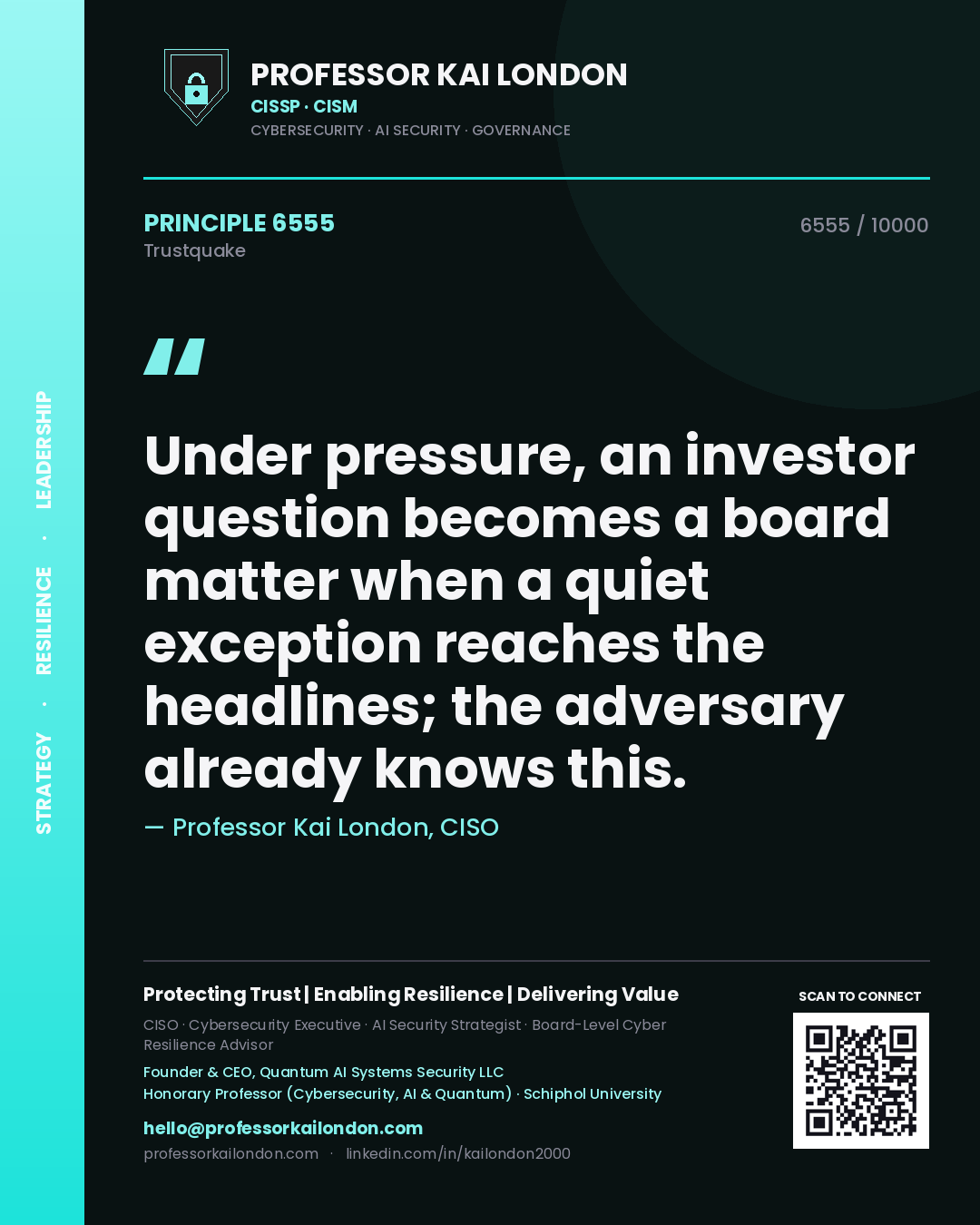Quote card by Professor Kai London reading 'Under pressure, an investor question becomes a board matter when a quiet exception reaches the headlines; the adversary already knows this.'. From the book Trustquake.