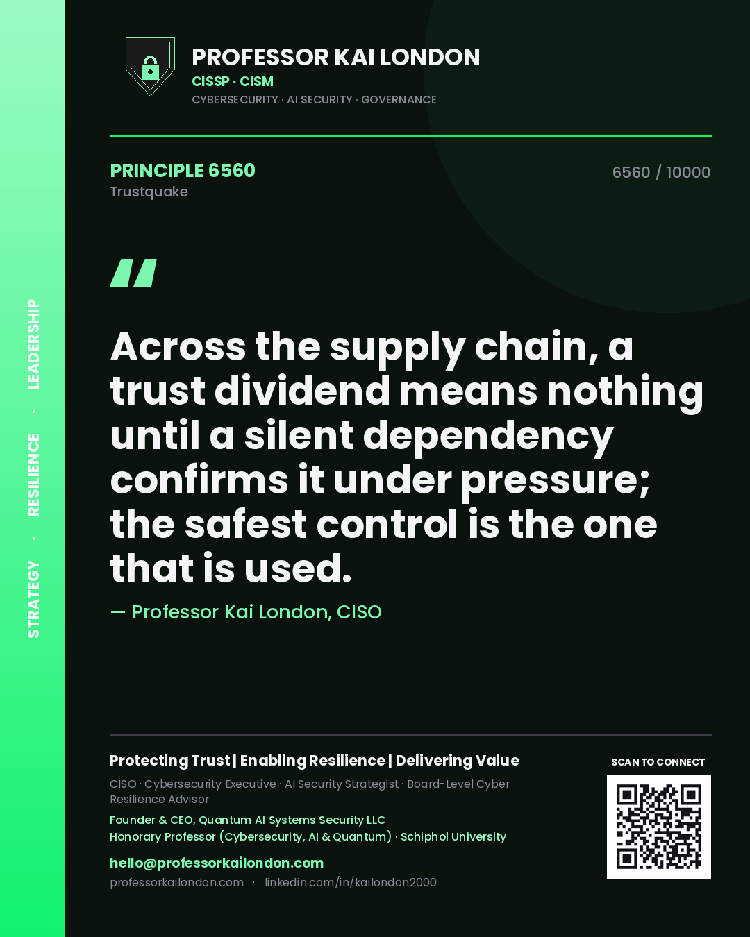 Quote card by Professor Kai London reading 'Across the supply chain, a trust dividend means nothing until a silent dependency confirms it under pressure; the safest control is the one that is used.'. From the book Trustquake.