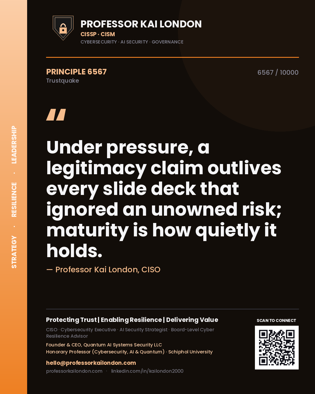 Quote card by Professor Kai London reading 'Under pressure, a legitimacy claim outlives every slide deck that ignored an unowned risk; maturity is how quietly it holds.'. From the book Trustquake.
