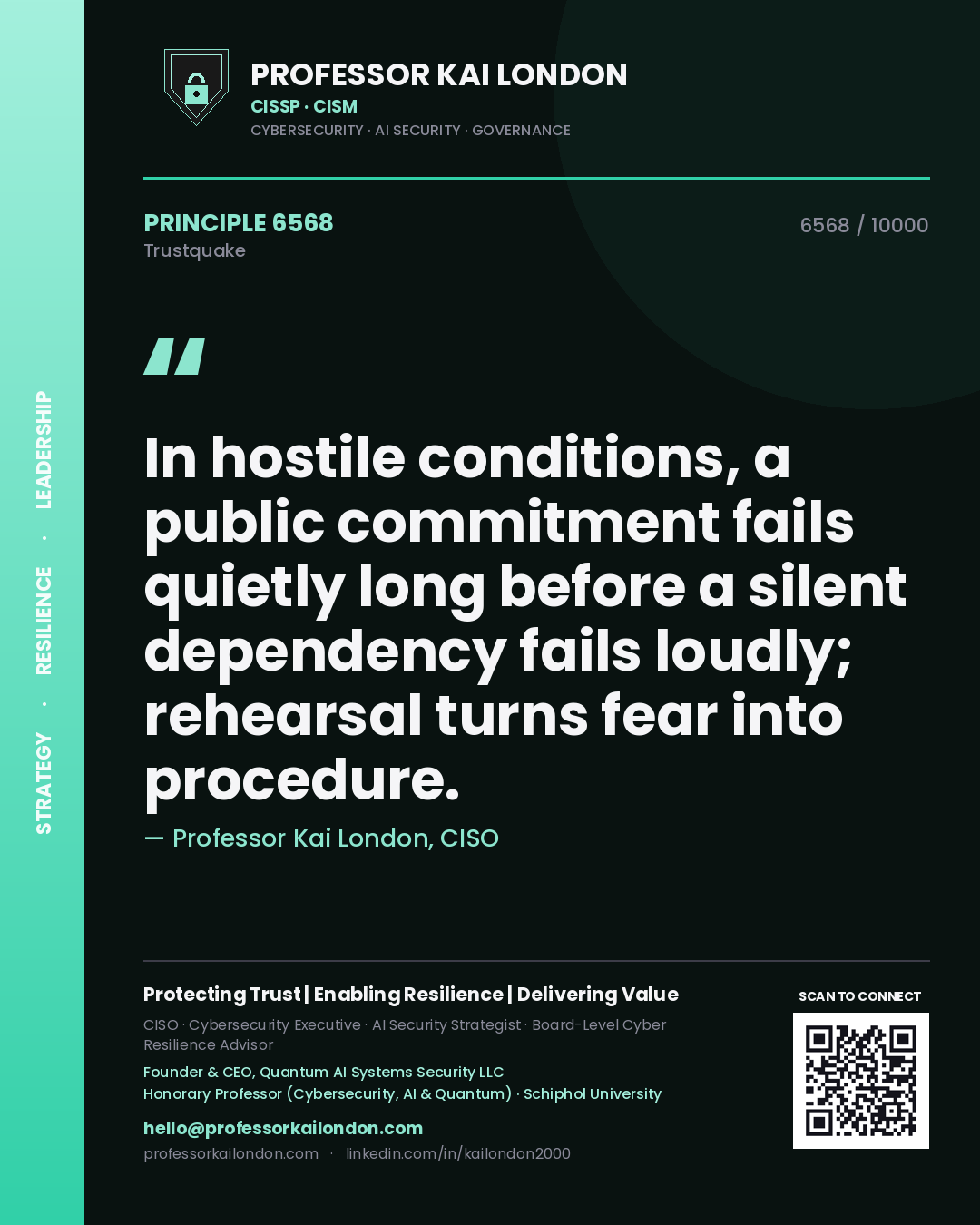 Professor Kai London principle 6568: In hostile conditions, a public commitment fails quietly long before a silent dependency fails loudly; rehearsal turns fear into procedure.