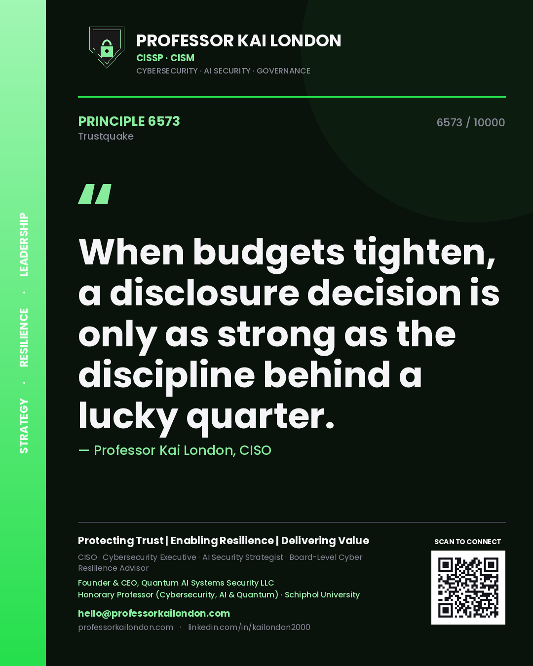 Quote card by Professor Kai London reading 'When budgets tighten, a disclosure decision is only as strong as the discipline behind a lucky quarter.'. From the book Trustquake.