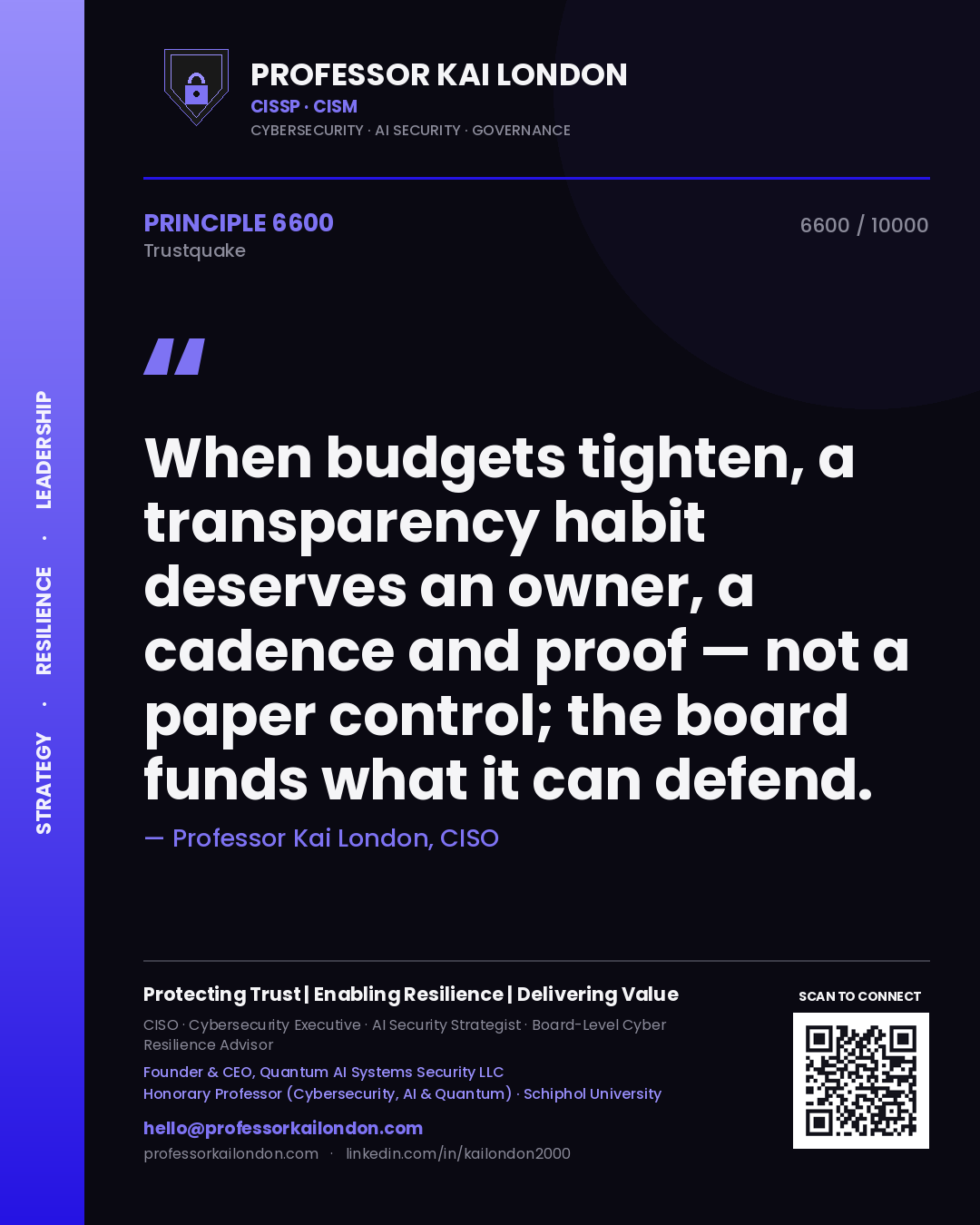 Quote card by Professor Kai London reading 'When budgets tighten, a transparency habit deserves an owner, a cadence and proof — not a paper control; the board funds what it can defend.'. From the book Trustquake.