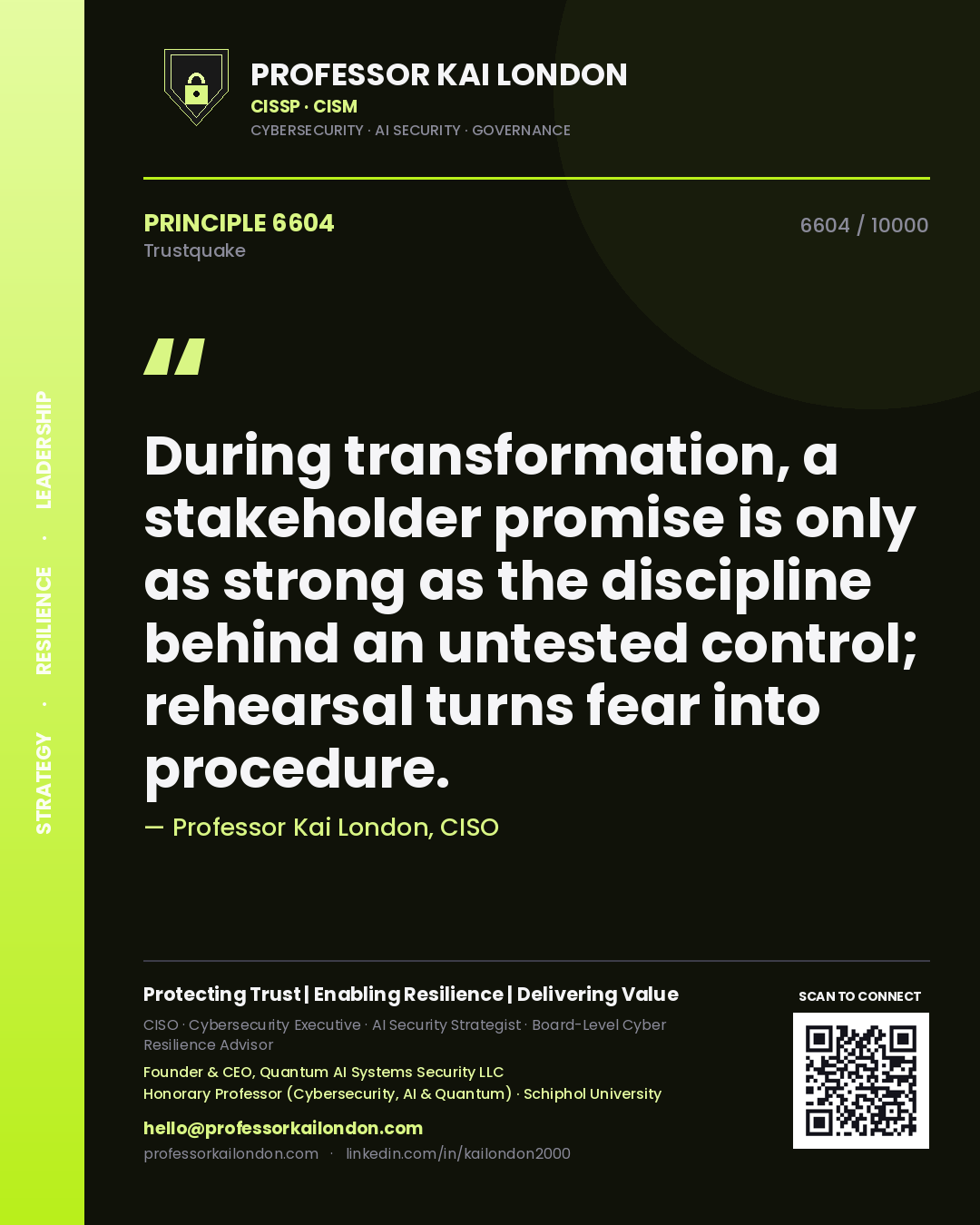 Quote card by Professor Kai London reading 'During transformation, a stakeholder promise is only as strong as the discipline behind an untested control; rehearsal turns fear into procedure.'. From the book Trustquake.