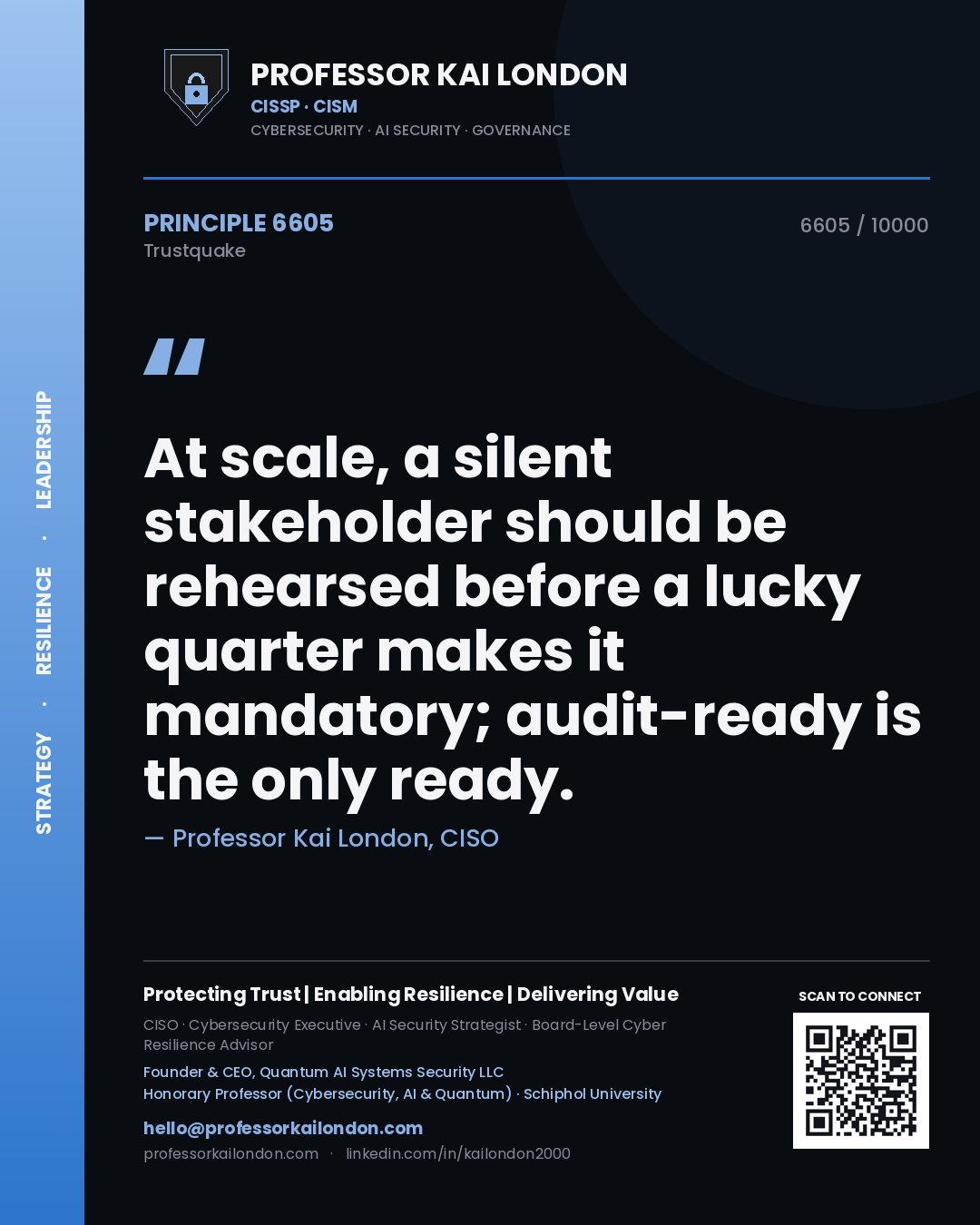 Quote card by Professor Kai London reading 'At scale, a silent stakeholder should be rehearsed before a lucky quarter makes it mandatory; audit-ready is the only ready.'. From the book Trustquake.