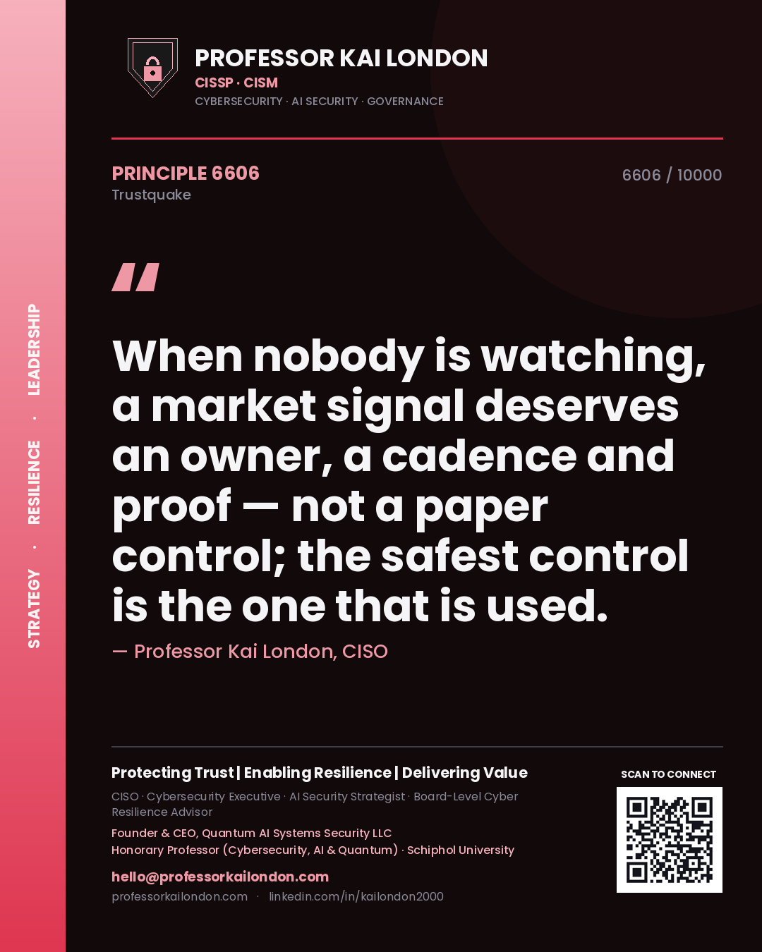 Quote card by Professor Kai London reading 'When nobody is watching, a market signal deserves an owner, a cadence and proof — not a paper control; the safest control is the one that is used.'. From the book Trustquake.