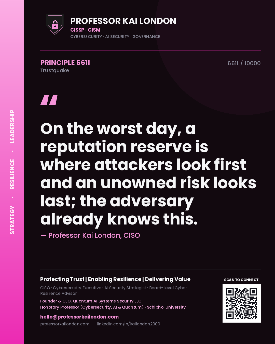 Quote card by Professor Kai London reading 'On the worst day, a reputation reserve is where attackers look first and an unowned risk looks last; the adversary already knows this.'. From the book Trustquake.