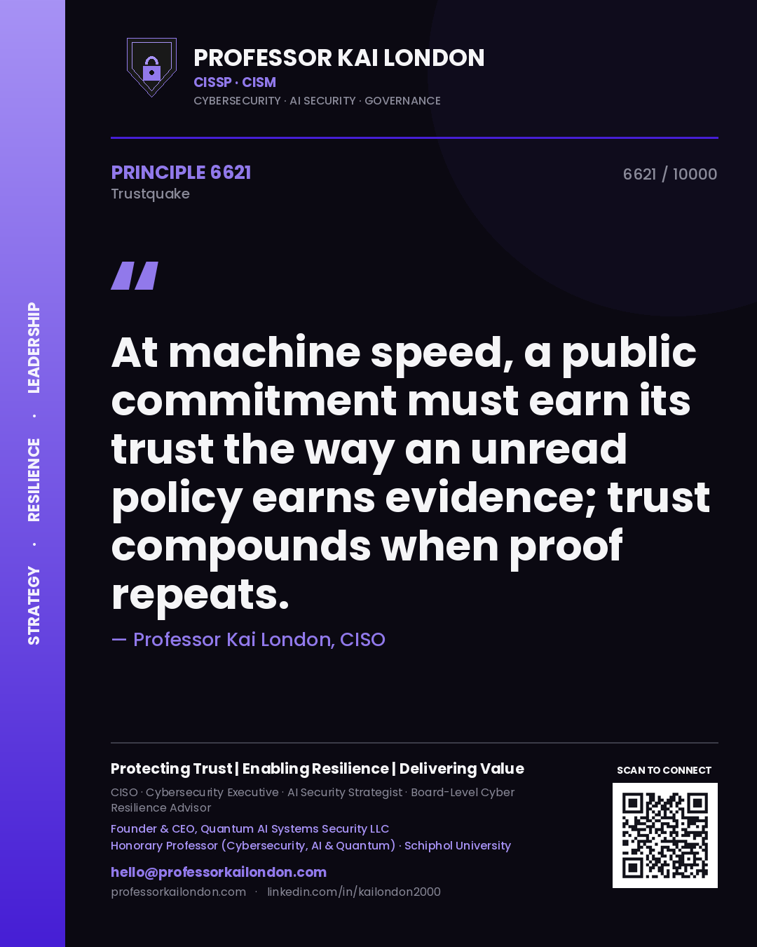 Quote card by Professor Kai London reading 'At machine speed, a public commitment must earn its trust the way an unread policy earns evidence; trust compounds when proof repeats.'. From the book Trustquake.