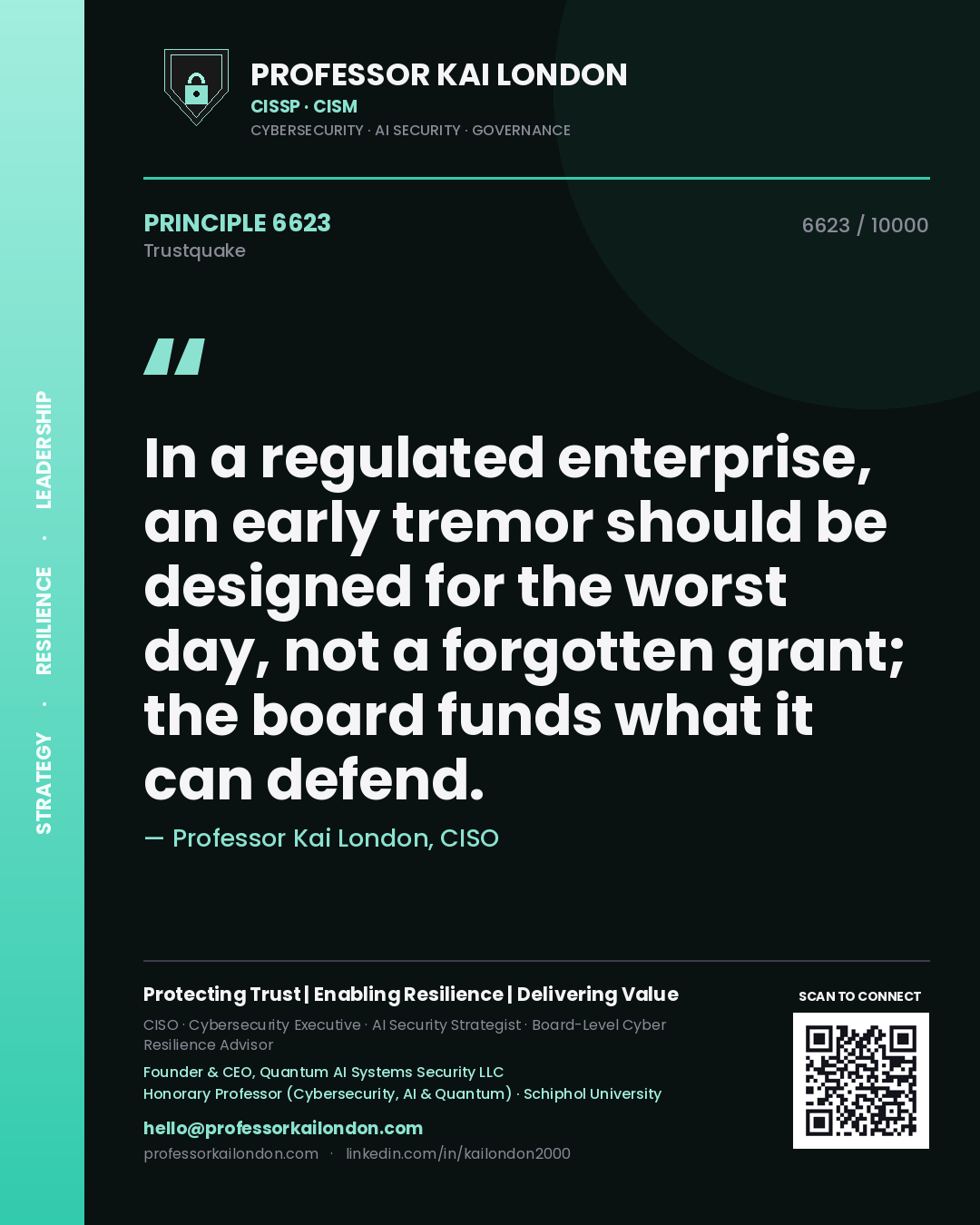 Quote card by Professor Kai London reading 'In a regulated enterprise, an early tremor should be designed for the worst day, not a forgotten grant; the board funds what it can defend.'. From the book Trustquake.