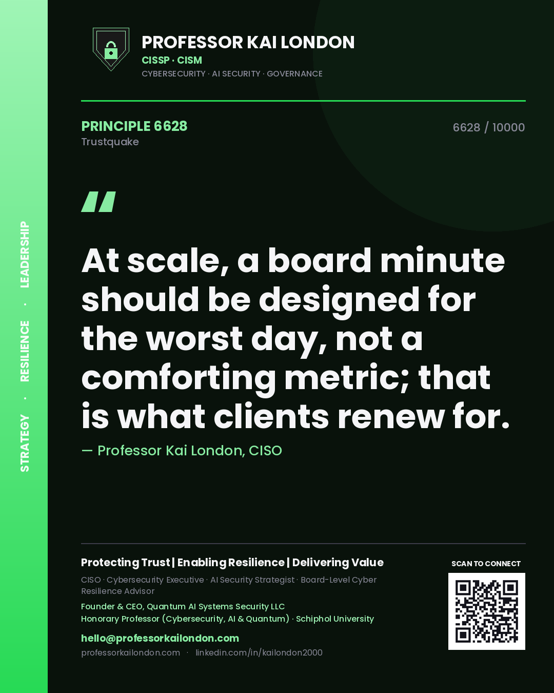 Quote card by Professor Kai London reading 'At scale, a board minute should be designed for the worst day, not a comforting metric; that is what clients renew for.'. From the book Trustquake.