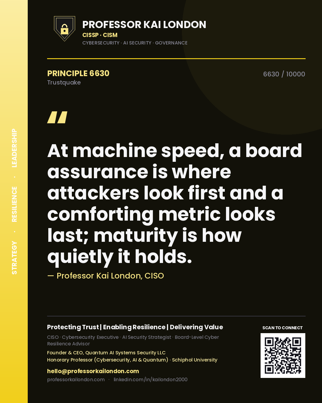 Quote card by Professor Kai London reading 'At machine speed, a board assurance is where attackers look first and a comforting metric looks last; maturity is how quietly it holds.'. From the book Trustquake.