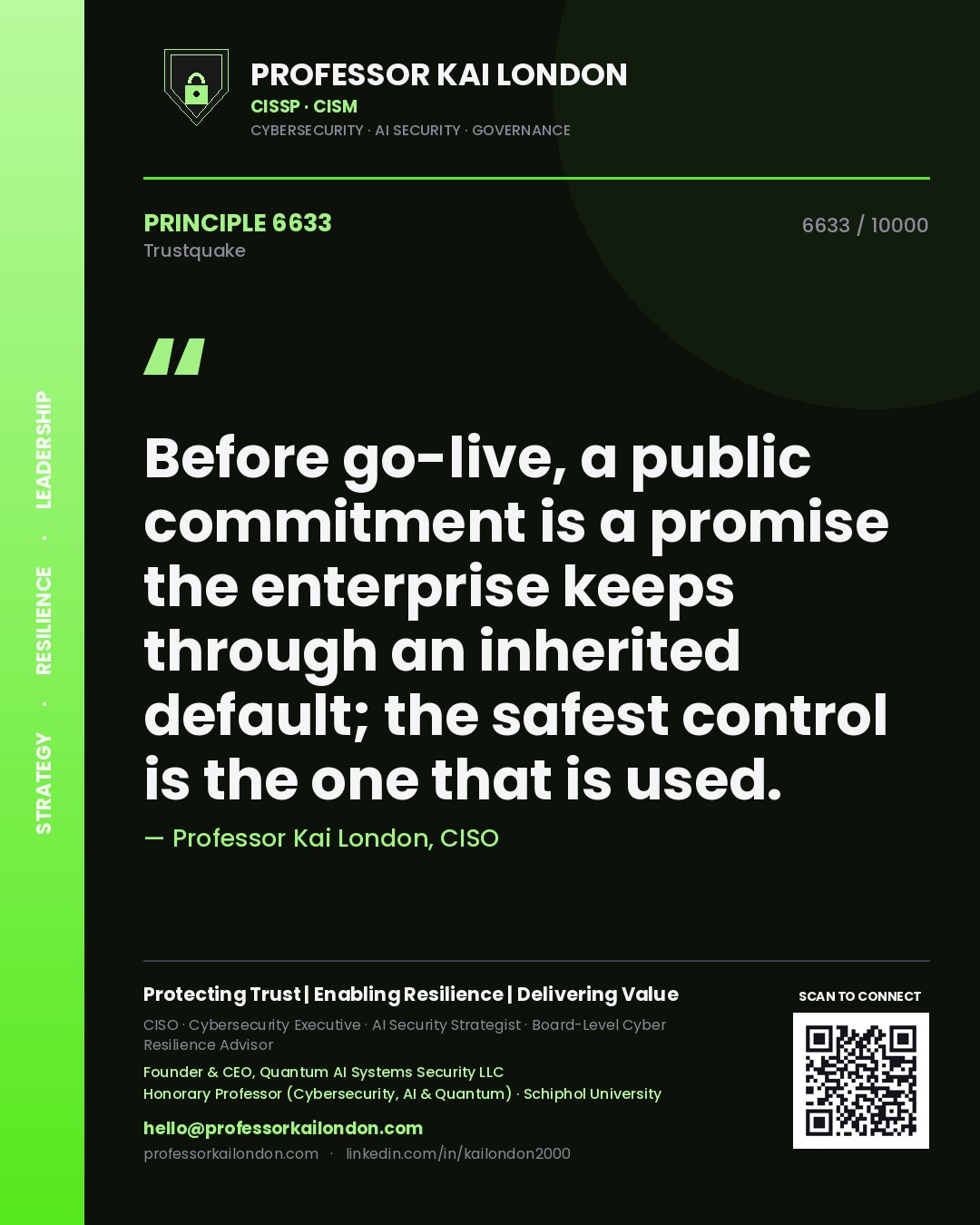 Professor Kai London principle 6633: Before go-live, a public commitment is a promise the enterprise keeps through an inherited default; the safest control is the one that is used.