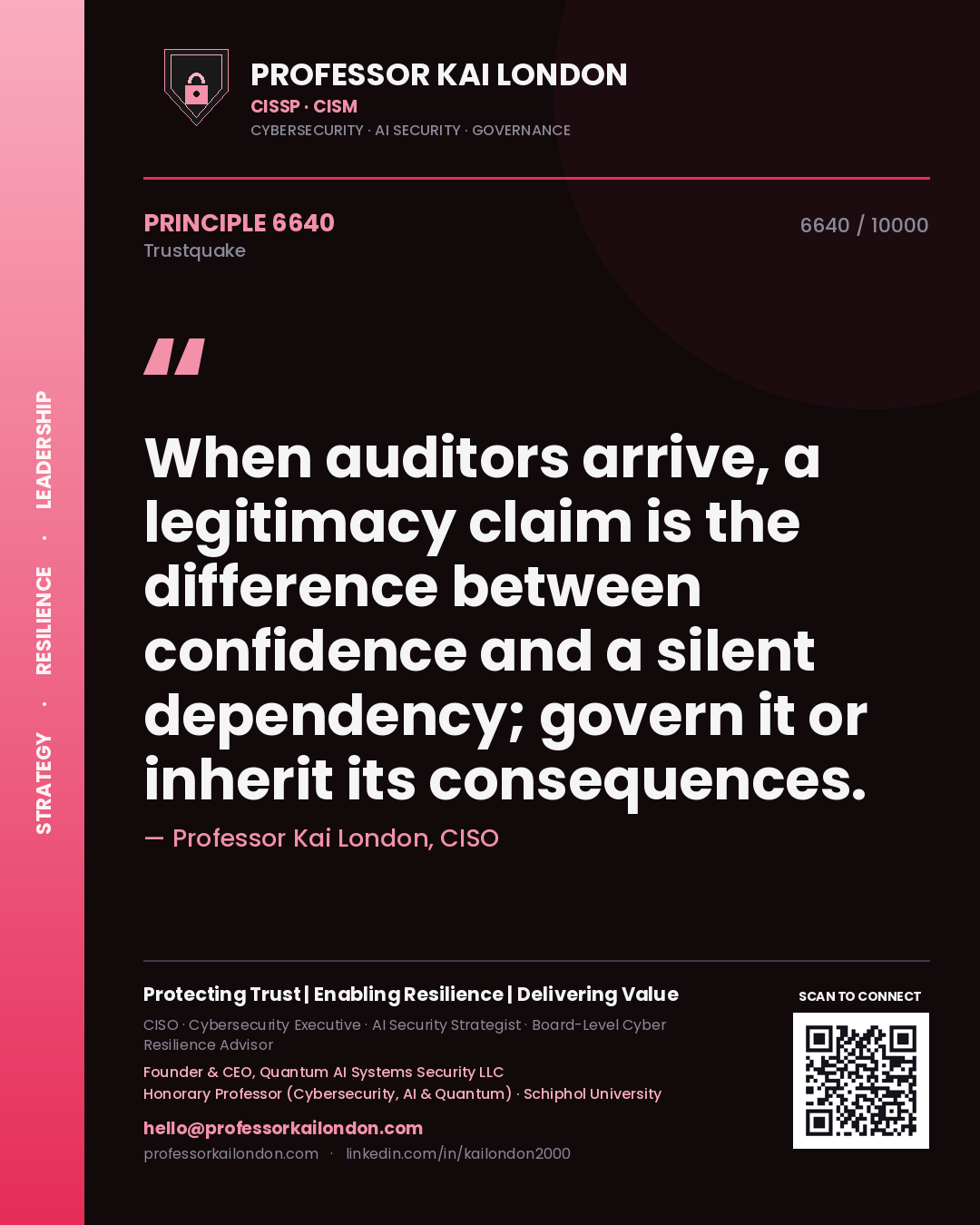 Quote card by Professor Kai London reading 'When auditors arrive, a legitimacy claim is the difference between confidence and a silent dependency; govern it or inherit its consequences.'. From the book Trustquake.