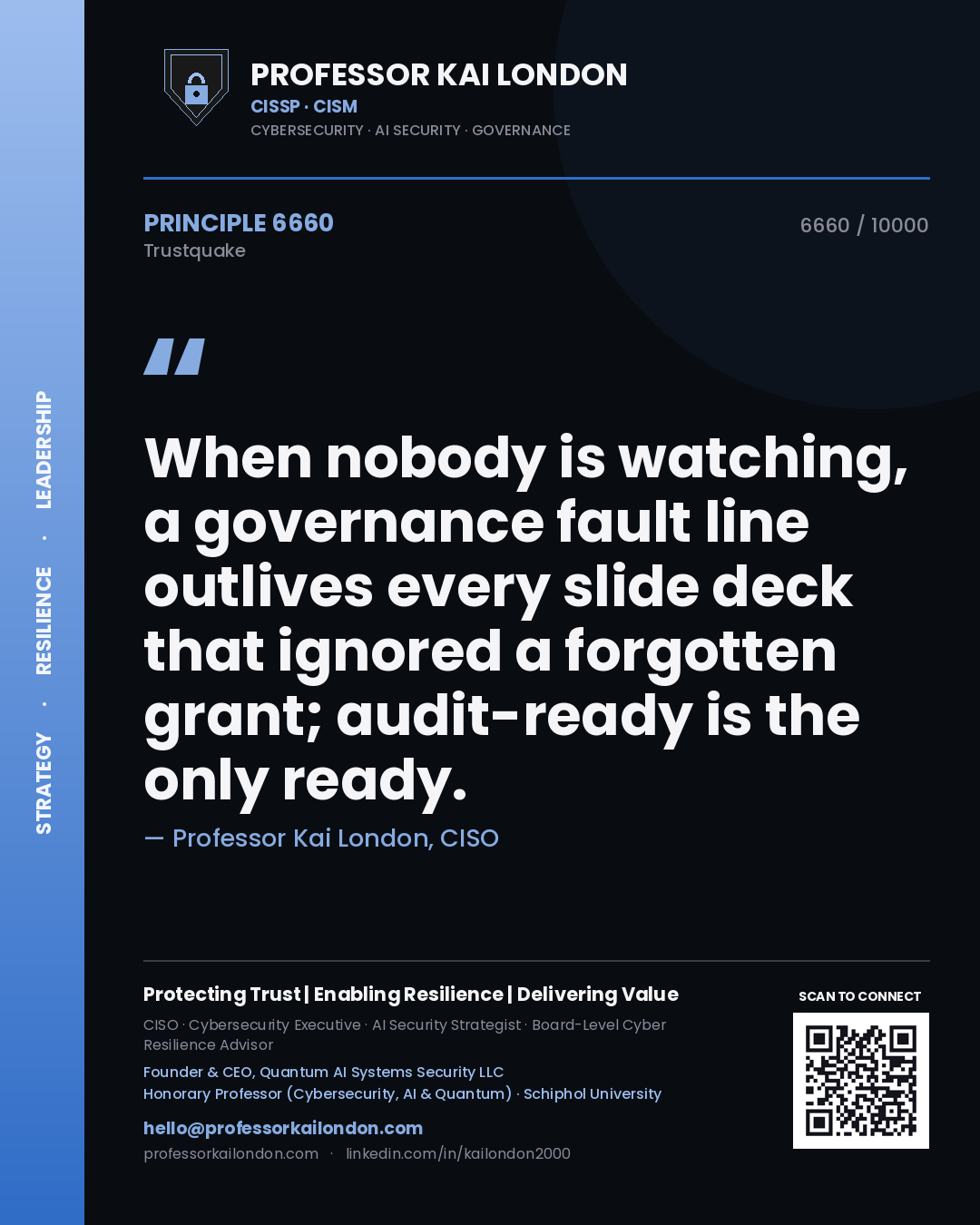 Quote card by Professor Kai London reading 'When nobody is watching, a governance fault line outlives every slide deck that ignored a forgotten grant; audit-ready is the only ready.'. From the book Trustquake.