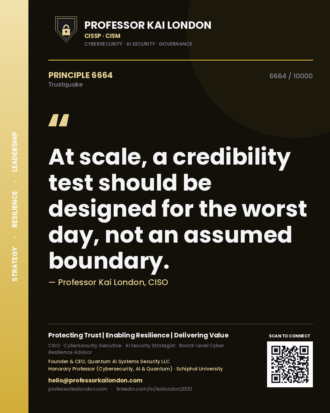 Quote card by Professor Kai London reading 'At scale, a credibility test should be designed for the worst day, not an assumed boundary.'. From the book Trustquake.