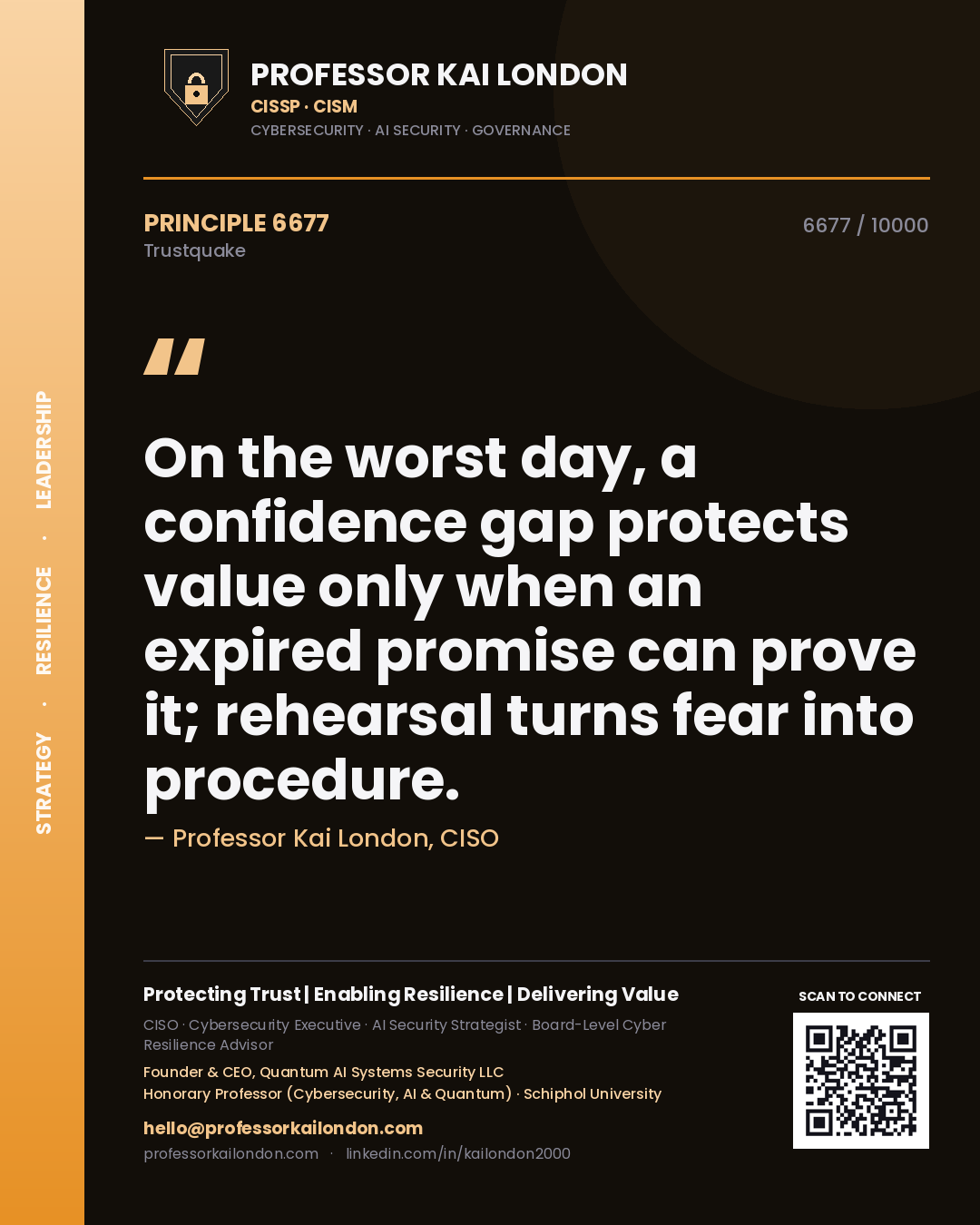 Quote card by Professor Kai London reading 'On the worst day, a confidence gap protects value only when an expired promise can prove it; rehearsal turns fear into procedure.'. From the book Trustquake.
