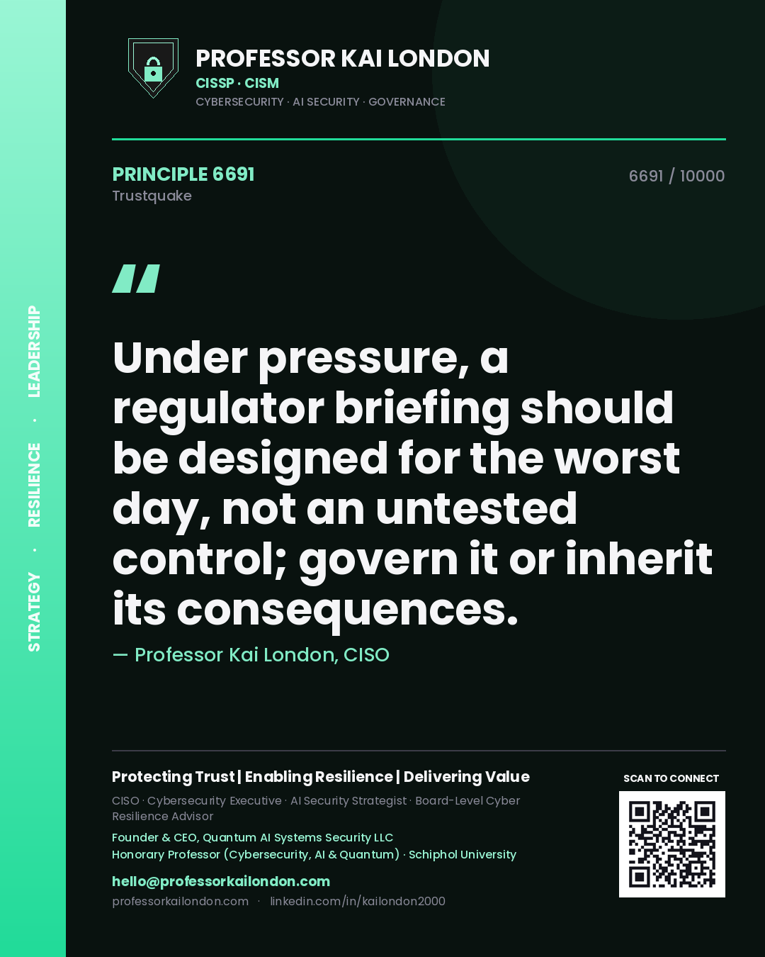 Quote card by Professor Kai London reading 'Under pressure, a regulator briefing should be designed for the worst day, not an untested control; govern it or inherit its consequences.'. From the book Trustquake.