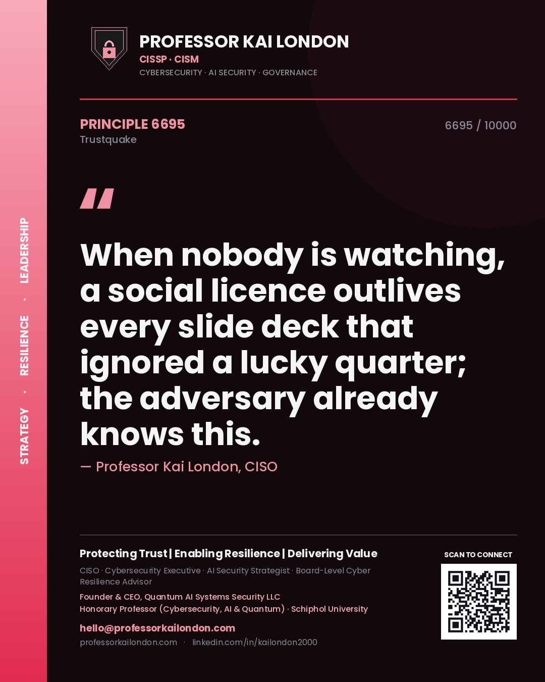Quote card by Professor Kai London reading 'When nobody is watching, a social licence outlives every slide deck that ignored a lucky quarter; the adversary already knows this.'. From the book Trustquake.