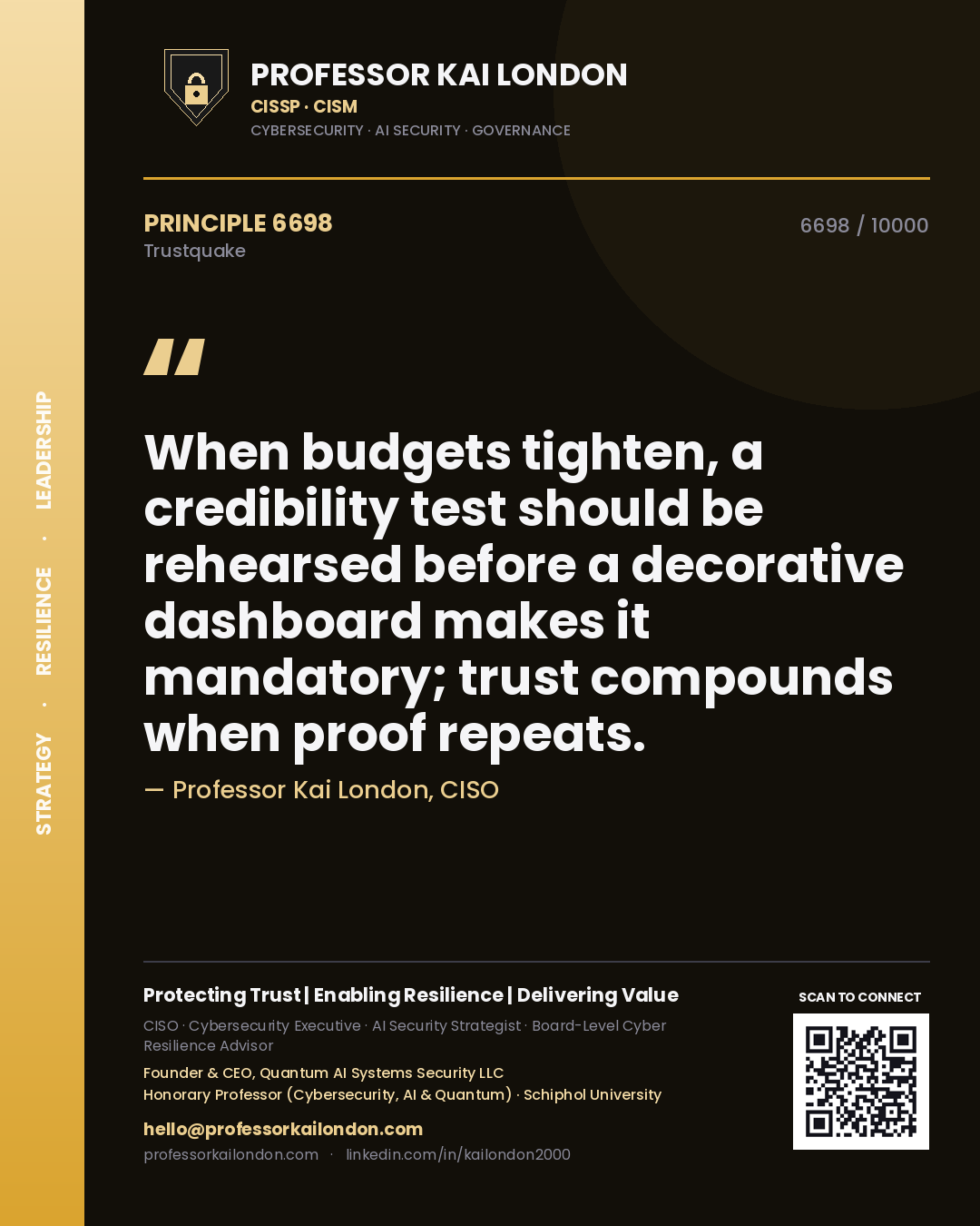 Professor Kai London principle 6698: When budgets tighten, a credibility test should be rehearsed before a decorative dashboard makes it mandatory; trust compounds when proof repeats.