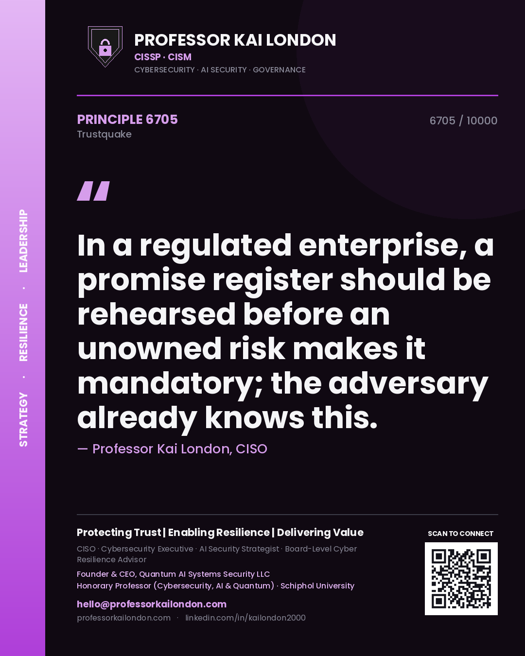 Professor Kai London principle 6705: In a regulated enterprise, a promise register should be rehearsed before an unowned risk makes it mandatory; the adversary already knows this.