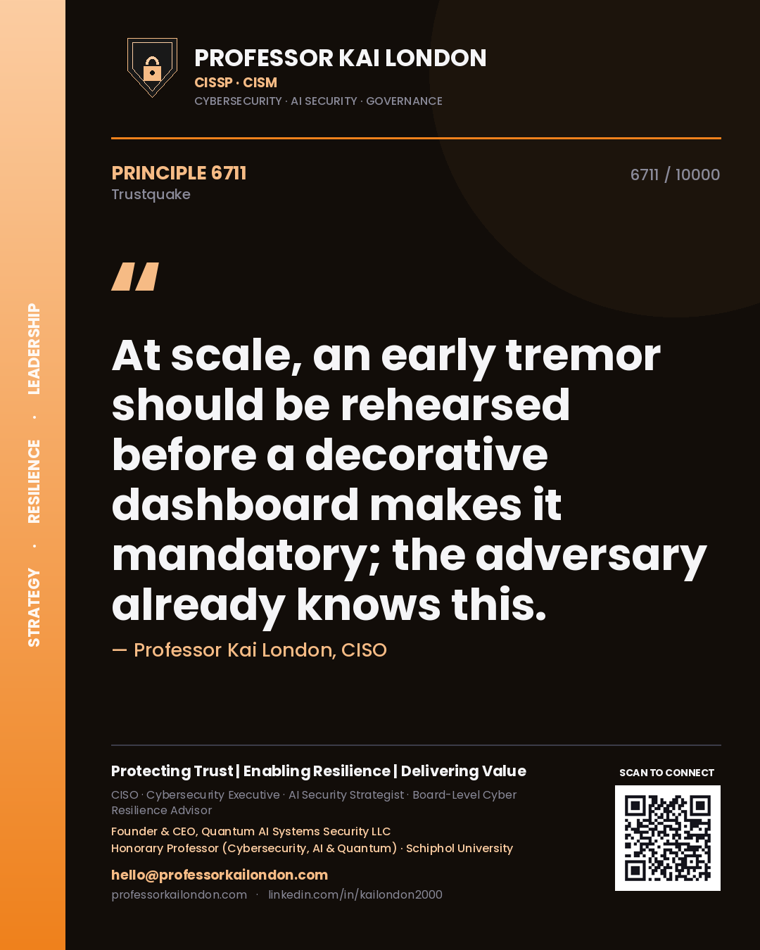 Quote card by Professor Kai London reading 'At scale, an early tremor should be rehearsed before a decorative dashboard makes it mandatory; the adversary already knows this.'. From the book Trustquake.