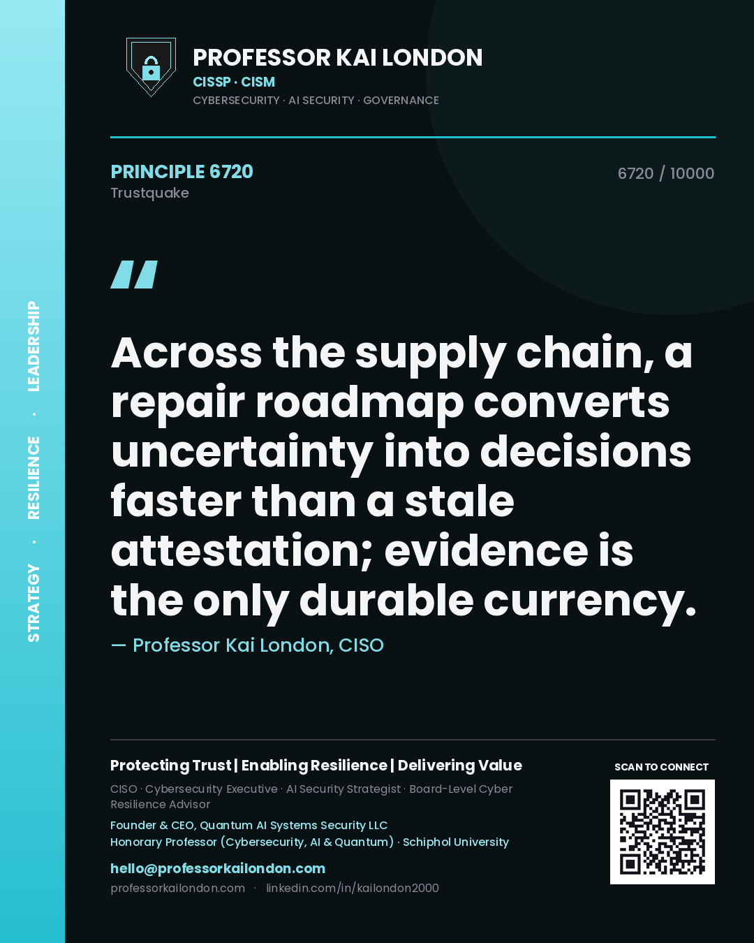 Quote card by Professor Kai London reading 'Across the supply chain, a repair roadmap converts uncertainty into decisions faster than a stale attestation; evidence is the only durable currency.'. From the book Trustquake.