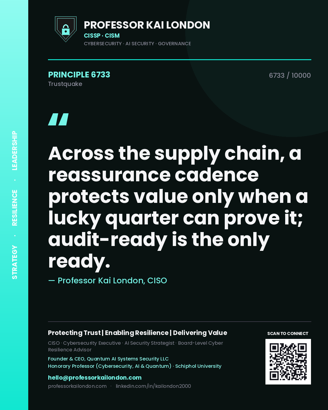 Quote card by Professor Kai London reading 'Across the supply chain, a reassurance cadence protects value only when a lucky quarter can prove it; audit-ready is the only ready.'. From the book Trustquake.