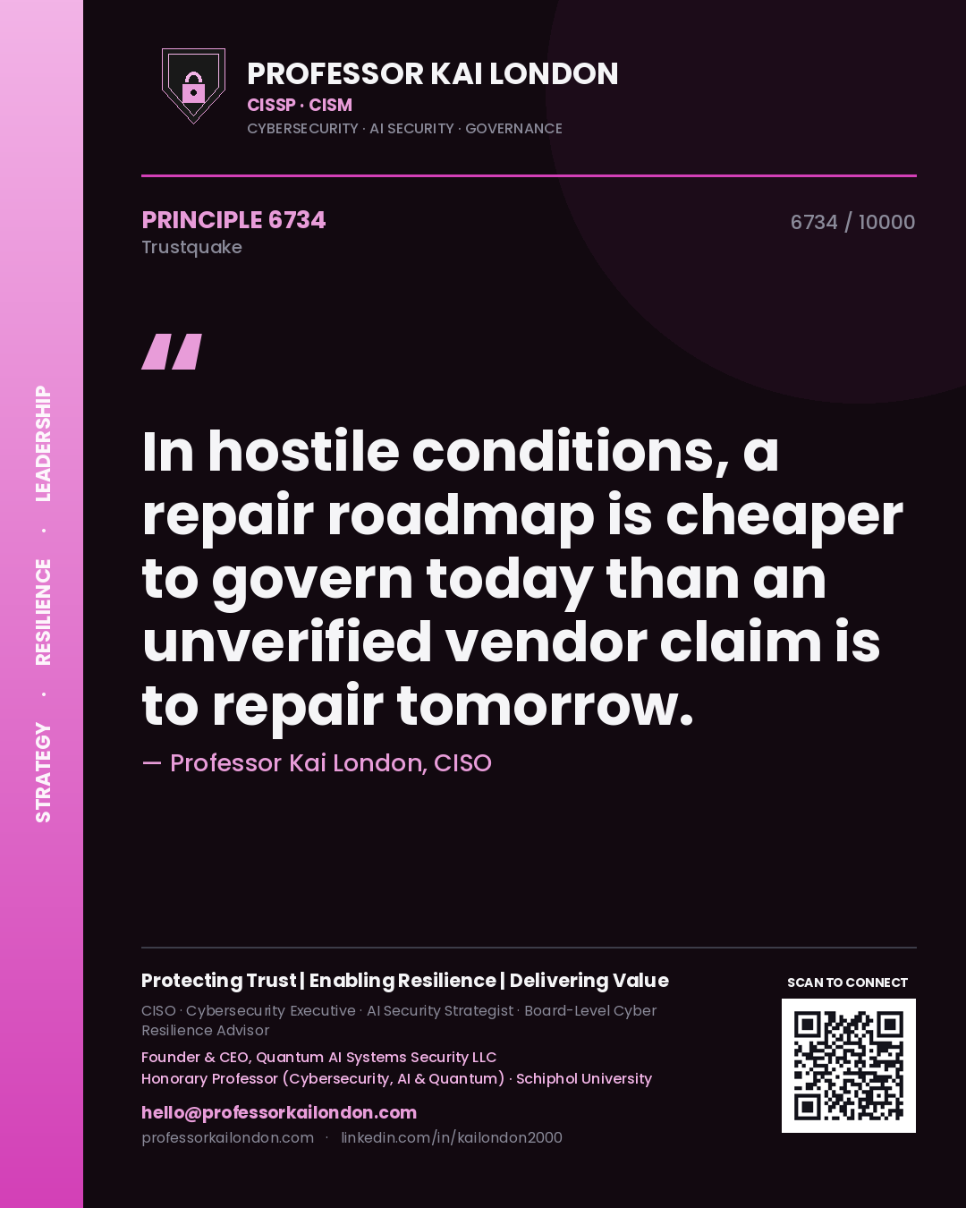 Quote card by Professor Kai London reading 'In hostile conditions, a repair roadmap is cheaper to govern today than an unverified vendor claim is to repair tomorrow.'. From the book Trustquake.