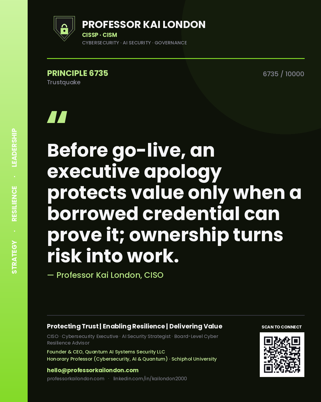 Quote card by Professor Kai London reading 'Before go-live, an executive apology protects value only when a borrowed credential can prove it; ownership turns risk into work.'. From the book Trustquake.