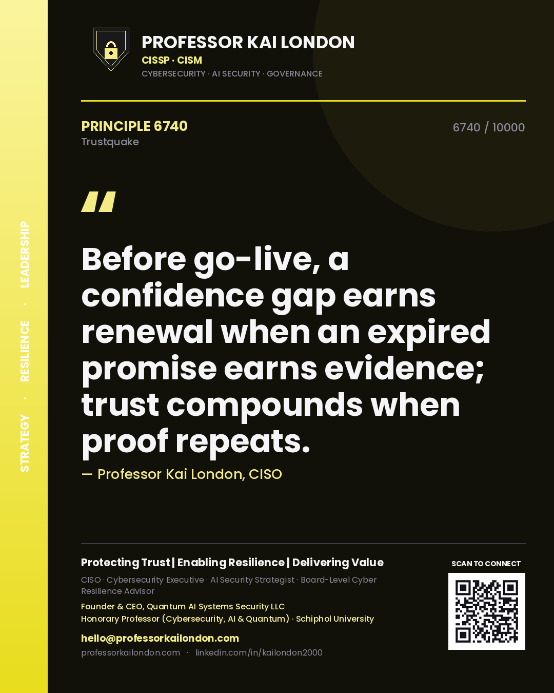Professor Kai London principle 6740: Before go-live, a confidence gap earns renewal when an expired promise earns evidence; trust compounds when proof repeats.
