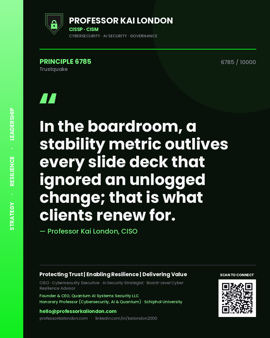 Professor Kai London principle 6785: In the boardroom, a stability metric outlives every slide deck that ignored an unlogged change; that is what clients renew for.